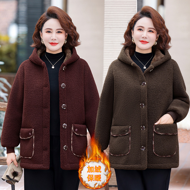 中老年女装秋冬装颗粒绒外套时尚妈妈连帽洋气毛呢加绒加厚上衣