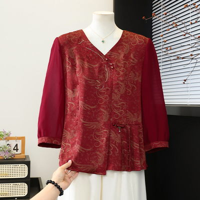 母亲节衣服洋气小衫中老年妈妈夏装七分袖雪纺上衣时尚两件套装