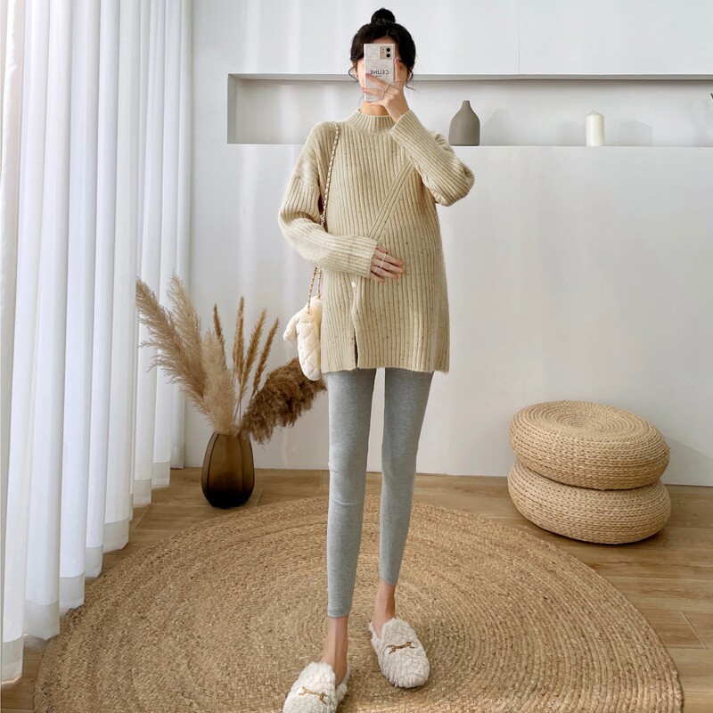 출산 착용 가을 겨울 스웨터 한국 스타일 봄 가을 느슨한 대형 니트 슬릿 풀오버 탑 솔리드 컬러 바닥 셔츠 여성용