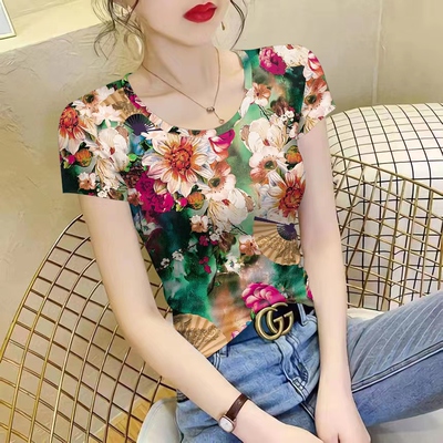 新款气质小衫百搭短袖显瘦T恤复古印花薄款冰丝上衣女装网红爆款