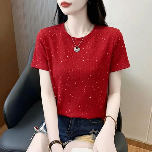 纯色宽松短袖上衣螺纹冰丝质感亮闪闪满天星设计夏季简约T恤女装