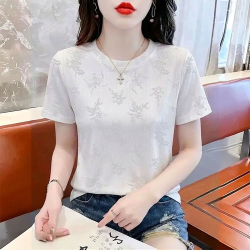 冰丝螺纹圆领短袖T恤女夏季纯色宽松暗纹提花压花高级感洋气上衣
