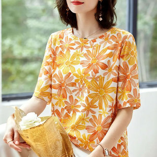 新款冰丝夏季圆领五分袖T恤女薄款宽松碎花印花上衣日常休闲显瘦