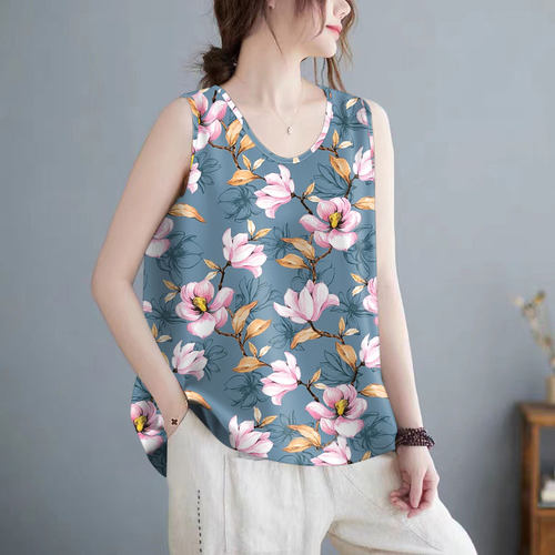 夏季遮肚背心女装小衫显瘦外穿流行时尚上衣宽松印花洋气透气大码