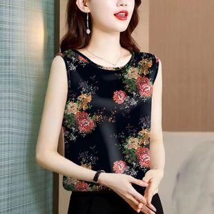 显瘦遮肚碎花无袖 妈妈装 洋气女 冰丝背心气质减龄上衣女装 百搭夏季