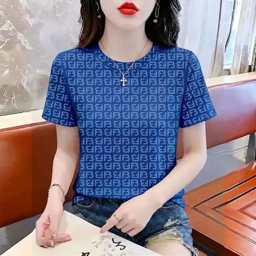 宽松纯色女士短袖T恤夏季圆领冰丝螺纹上衣时尚暗纹提花字母压花