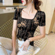 女装 爆款 显瘦 短袖 T恤上衣透气碎花设计薄款 气质夏季 减龄方领韩版