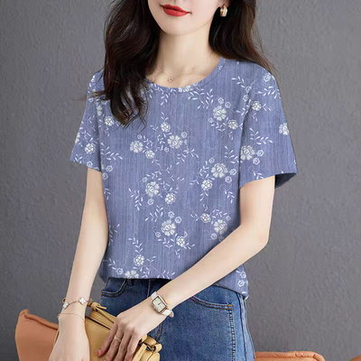 时尚夏季气质小衫百搭短袖显瘦T恤印花薄款上衣女装透气遮肚大码