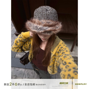WOWPLAY杨九七 美式豹纹提花针织开衫女超柔绒感拉链连帽毛衣外套