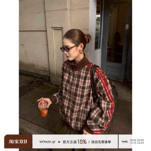 WOWPLAY杨九七 羊毛混纺复古格子立领外套女秋季宽松休闲毛呢外套