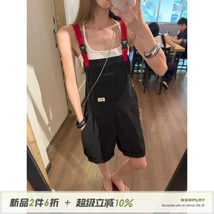 WOWPLAY杨九七 美式复古工装背带裤女夏季复古水洗多口袋牛仔短裤