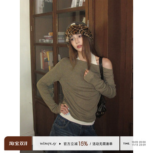 WOWPLAY杨九七 撞色假两件挂脖针织衫上衣女秋季气质修身慵懒毛衣