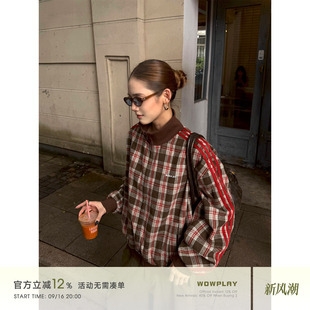 WOWPLAY杨九七 羊毛混纺复古格子立领外套女秋季宽松休闲毛呢外套