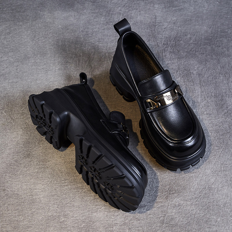 2026秋新款松糕厚底一脚蹬小皮鞋女真皮小个子增高乐福鞋圆头单鞋