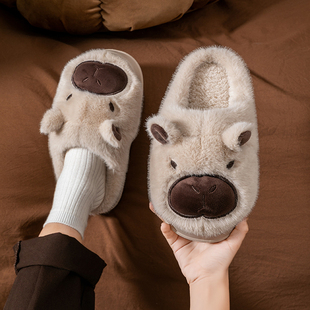 时尚个性情侣居家居棉拖鞋女款冬季可爱卡通厚底保暖毛毛拖鞋女士