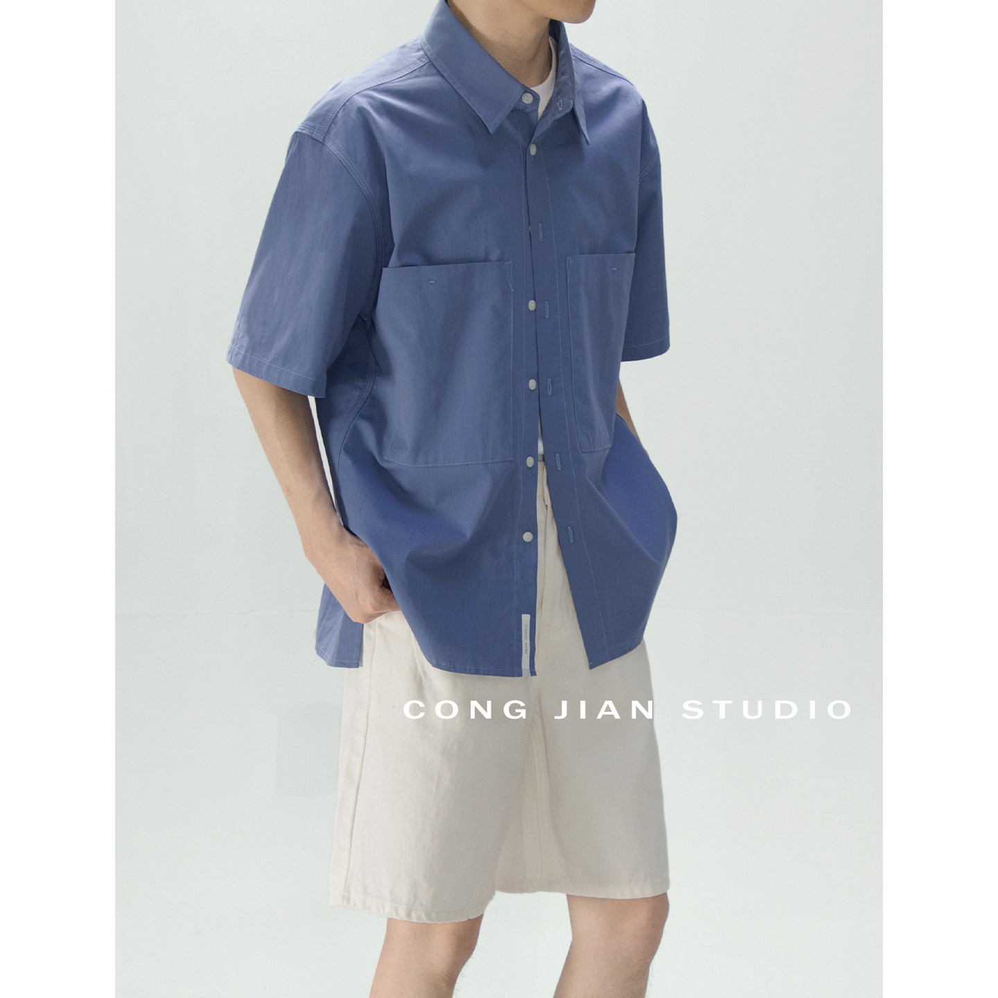 CONGJIAN三本针高密纯棉水洗衬衫男短袖2026夏季口袋男士休闲衬衣 - 实物图