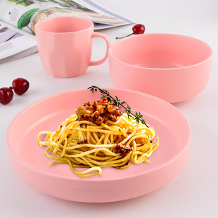 家用女生可爱粉红色碗盘碟子微波炉陶瓷碗 粉色餐具碗杯子盘子套装