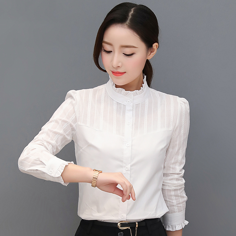 Real shot new spring and autumn cotton shirt long sleeve female lotus collar shirt spring and autumn Korean slim stripe