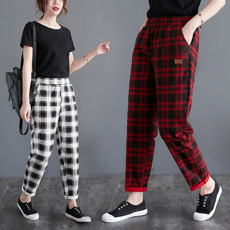 Summer radish PANTS NEW Loose thin linen Plaid long Korean casual Harem Pants fashion