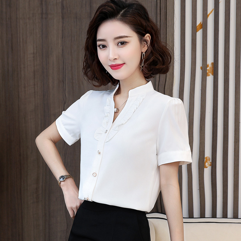 Real photo 2021 new summer and South Korea season fashionable chiffon shirt women's loose design simple style small stand collar shirt