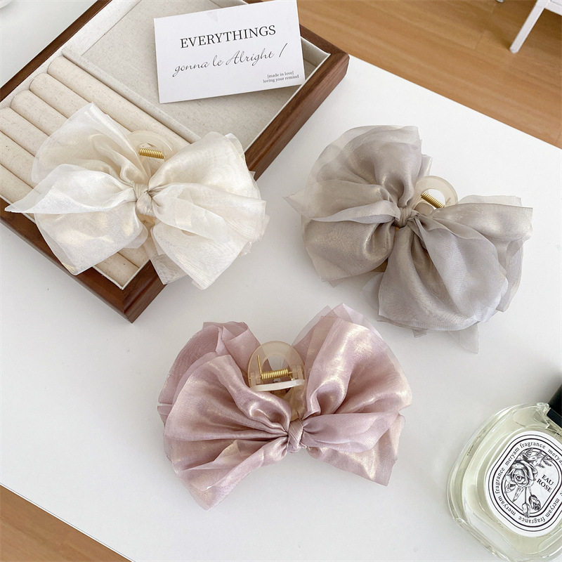 韩式大蝴蝶结抓夹人鱼姬亮丝雪纺布艺大号果冻色发抓后脑勺鲨鱼夹
