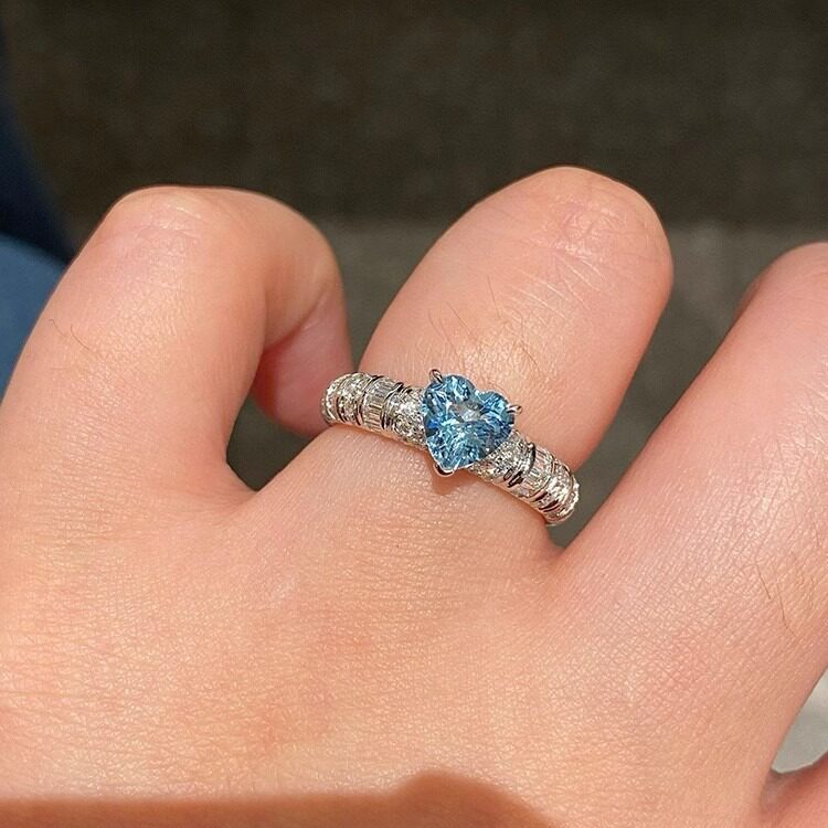 有米【冰花切爱心形海蓝宝钻石戒指】轻奢精工人工圣玛利亚色女戒