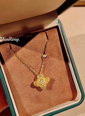 手工拉丝布风四叶花微镶锆石项链