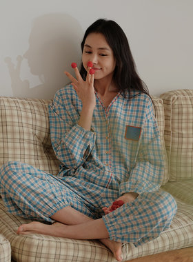 朵朵可可女棉麻撞色格纹睡衣套装