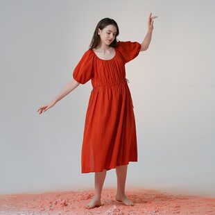 朵朵可可睡衣女春夏新款棉麻圆领短袖收腰睡裙喜庆本命年红色长裙