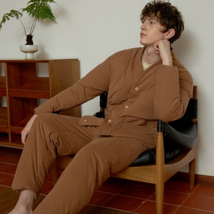 朵朵可可睡衣男2025秋冬新款简约V领白鸭绒羽绒服保暖家居服套装