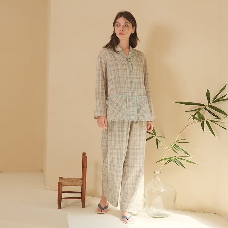 朵朵可可睡衣女26春夏新款梭织纯棉小翻领格子长袖简约家居服套装