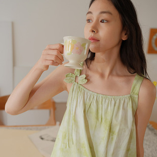 家居服套装 朵朵可可睡衣女2025春夏新款 梭织贡缎纯棉印花吊带短裤