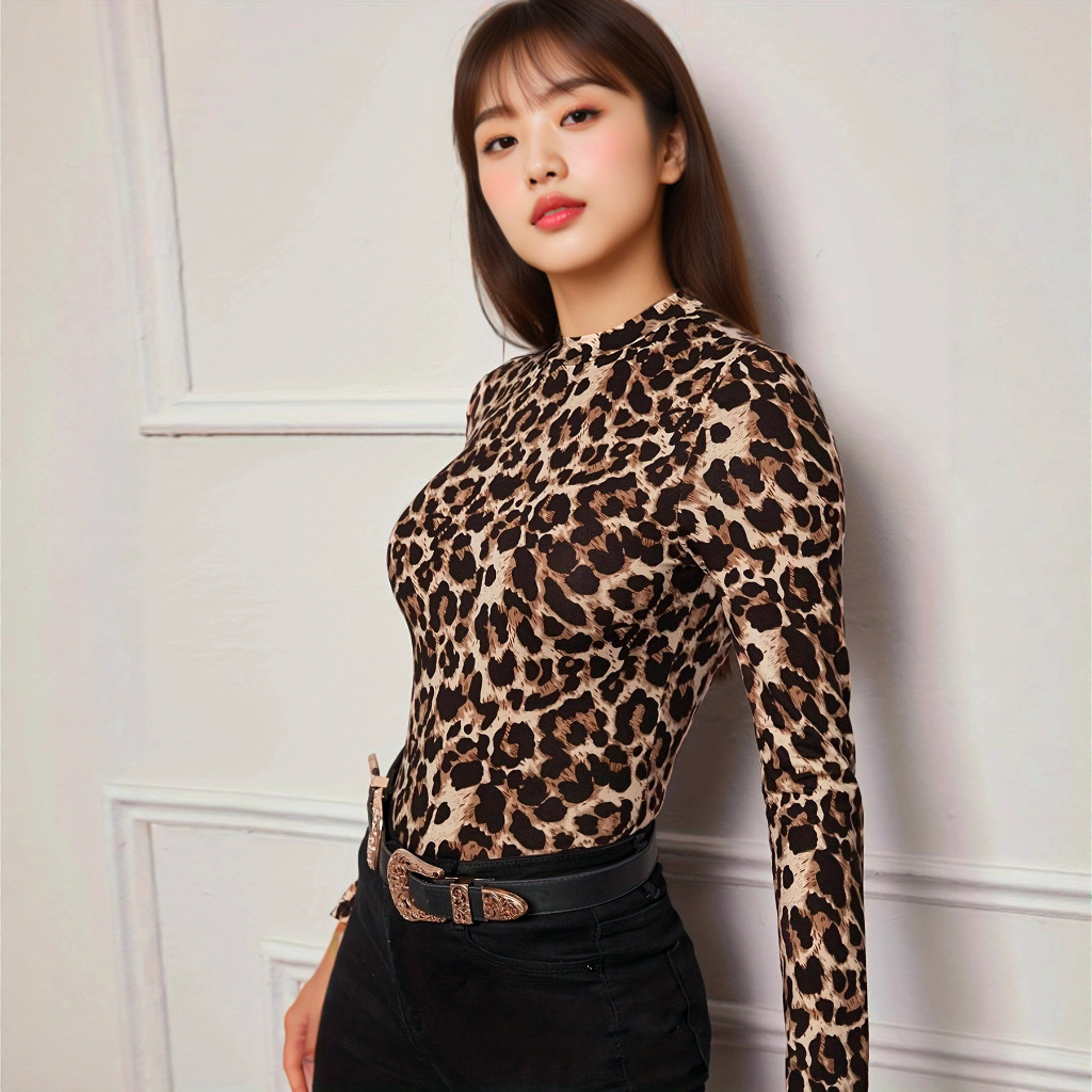 性感欧美显瘦长袖新款打底豹纹T恤修身ins秋季半高领打底衫上衣