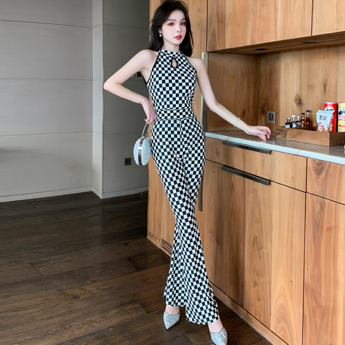 大码女装棋盘格印花两件套女