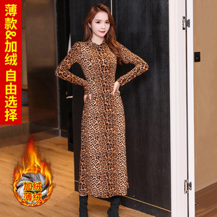 半高领长袖性感豹纹裙子新款时尚加绒薄绒印花蛇纹连衣裙气质长裙