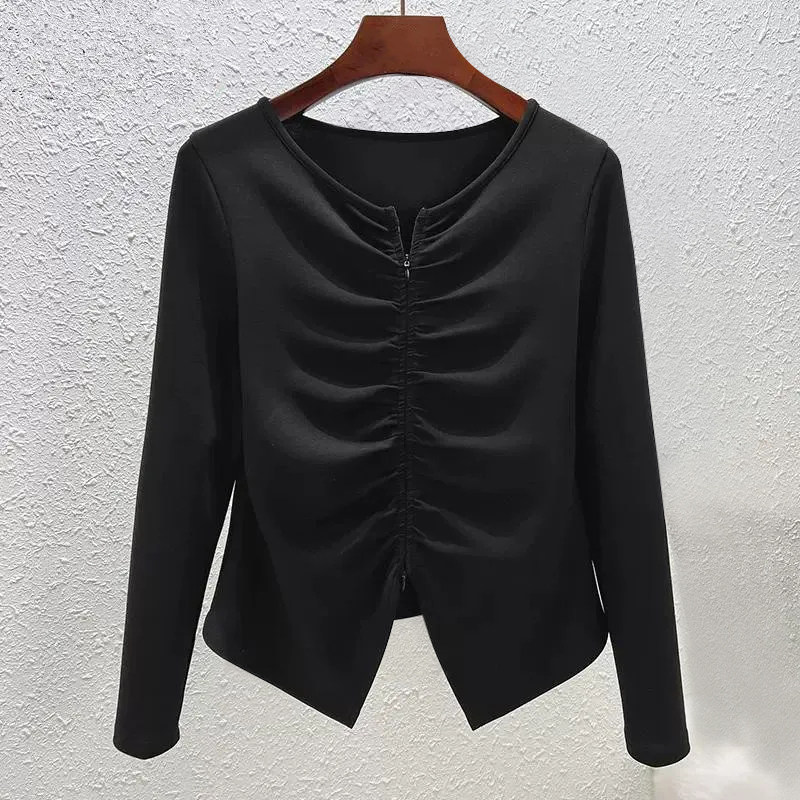 2026春季新款长袖气质T恤性感洋气修身双向拉链上衣女