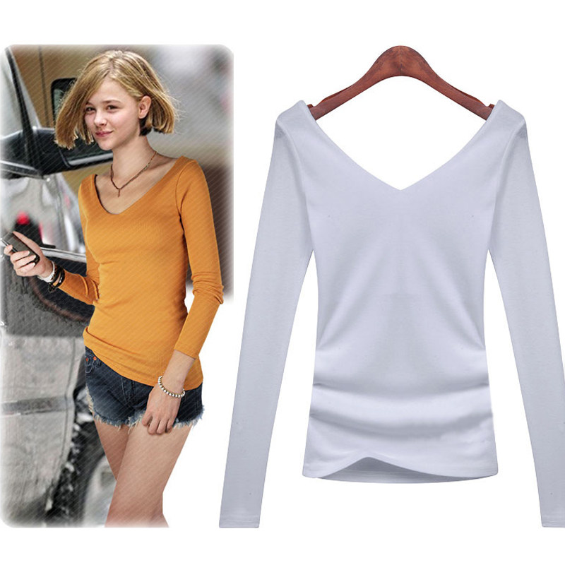 2025冬季新款长袖T恤女露背性感深V领百搭修身纯色上衣大码女装