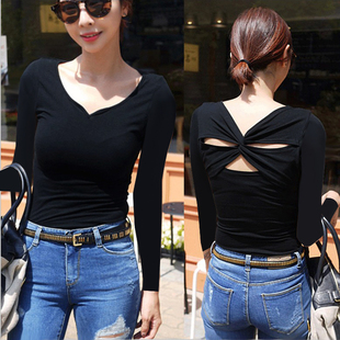 长袖 2025秋季 大码 V领T恤女修身 性感镂空露背黑色百搭低领上衣 新款