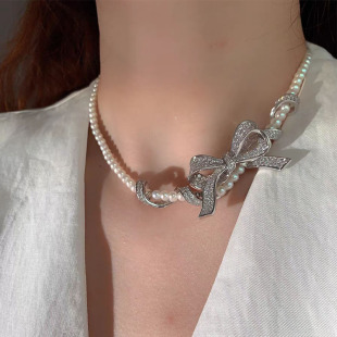 新款diy珍珠饰品满钻蝴蝶结长款吊坠项链飘带镀真金连接扣 半成品
