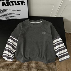 新款儿童打单衫长袖T恤德容单件拼接打底衫百搭条纹撞色潮款批发