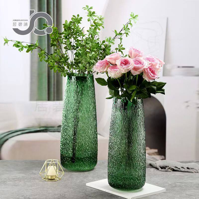 简约现代绿色树皮纹水培玻璃花瓶大号竖长型家居客厅餐厅插花摆件