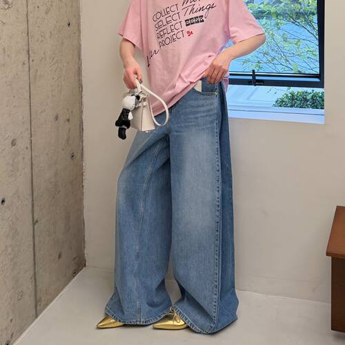 【官方正品】EENK 牛仔长裤高腰阔腿宽松显瘦复古百搭休闲拖地裤