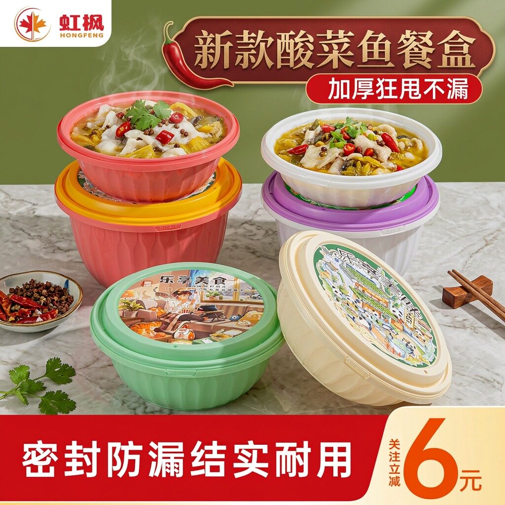 虹枫一次性餐盒圆碗带盖便当外卖打包饭盒饭店食品级沙拉碗汤碗