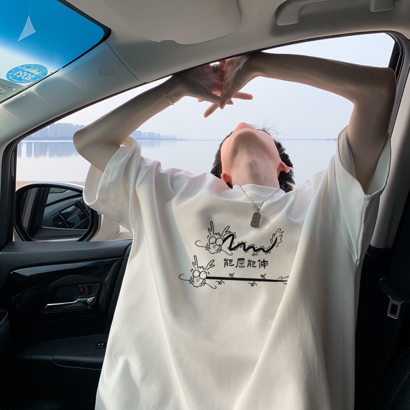 270g日系短袖t恤男夏季宽松休闲男生体恤白色重磅潮落肩百搭上衣