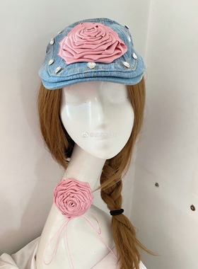 unique crafts奶茶原创设计牛仔玫瑰花发饰水钻鸭舌帽贝雷帽