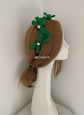 unique crafts奶茶原创设计自制多层蝴蝶结绿色发箍