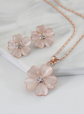 花朵猫眼石四叶草耳环项链饰品