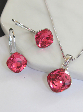 方形短款耳环时尚风饰品蓝色水晶