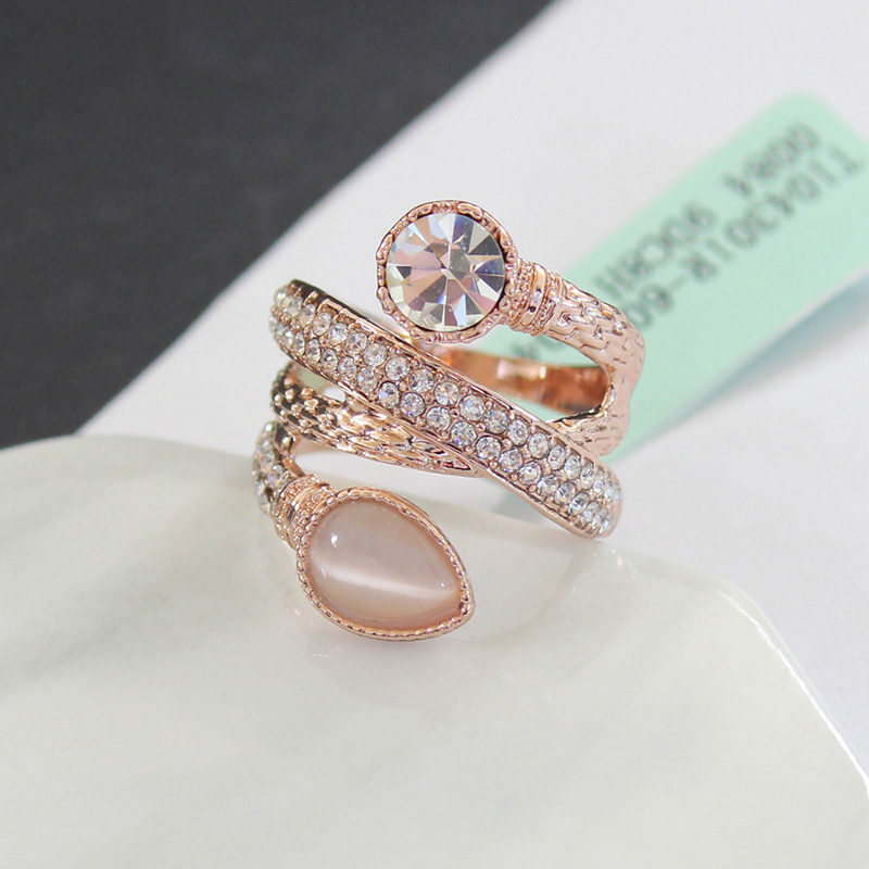 威妮华时尚玫瑰金色猫眼石镶钻食指戒指 女波西米亚中指戒环饰品
