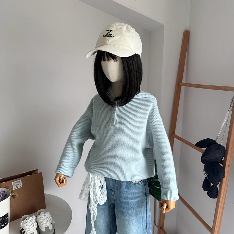 品牌童装2025秋冬季新款男女童连帽毛衣百搭清雅蓝色套头针织衫